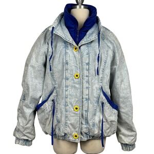 Vintage 90s Gitano Acid Wash Denim Bomber Jacket Blue Yellow Women's Small